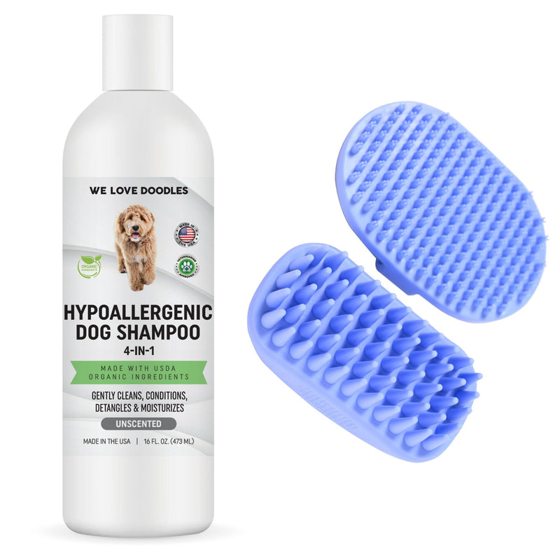 We Love Doodles Hypoallergenic Dog Shampoo, Conditioner & Detangler and Pet Bath Brush - Organic Ingredients, Sensitive Skin & Allergies, Made in USA, Grooming Brush for Shower Scrubbing & Soothing - PawsPlanet Australia