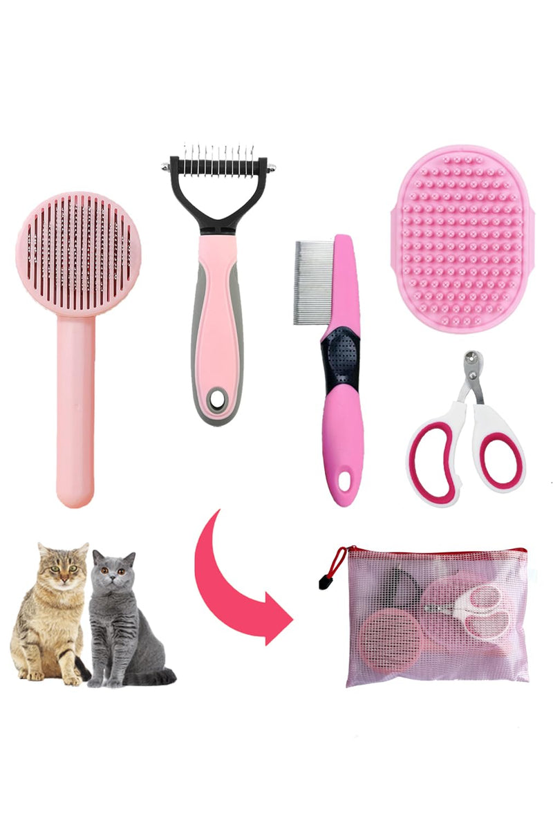 Cat Brush Grooming Kit 5pcs - Cat Brushes for indoor Cats, Cat Brush for Shedding for Long Haired Cats, Pet Self Cleaning Kit, Cat Brush for Matted Fur Hair with Flea Comb Set Pink - BeesActive Australia