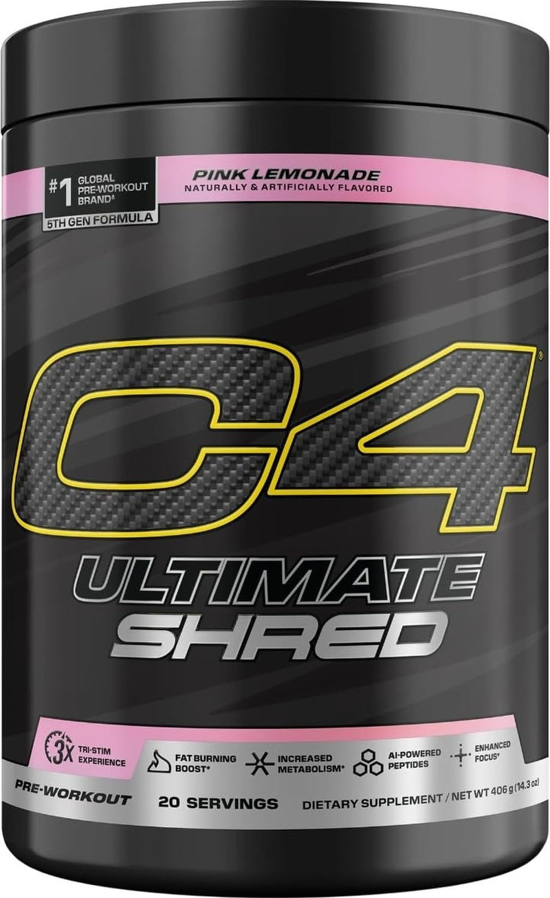 C4 Ultimate Pre-Workout, 300mg Caffeine, 20 Servings | Pink lemonade flavor with 300mg caffeine, TeaCrine, Dynamine & cayenne extract for energy and thermogenic support.