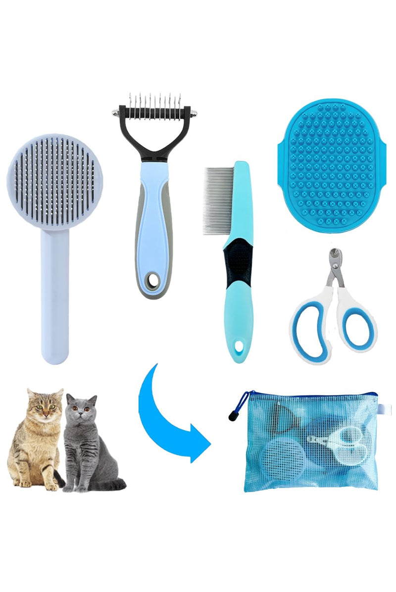 Cat Brush Grooming Kit 5pcs - Cat Brushes for indoor Cats, Cat Brush for Shedding for Long Haired Cats, Cat Brush for Matted Fur Hair, Pet Self Cleaning Kit with Flea Comb Set Blue - BeesActive Australia