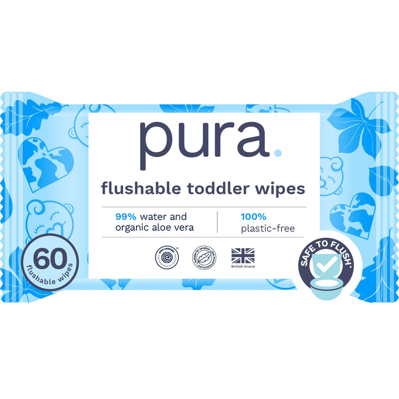 Pura Flushable Toddler Wipes 1 x 60 Wipes, 100% Plastic Free, 99% Water, Hypoallergenic & Fragrance Free, Totally Chlorine Free, Kids Toilet Wipes, Sensitive Skin 60 Count (Pack of 1) - BeesActive Australia