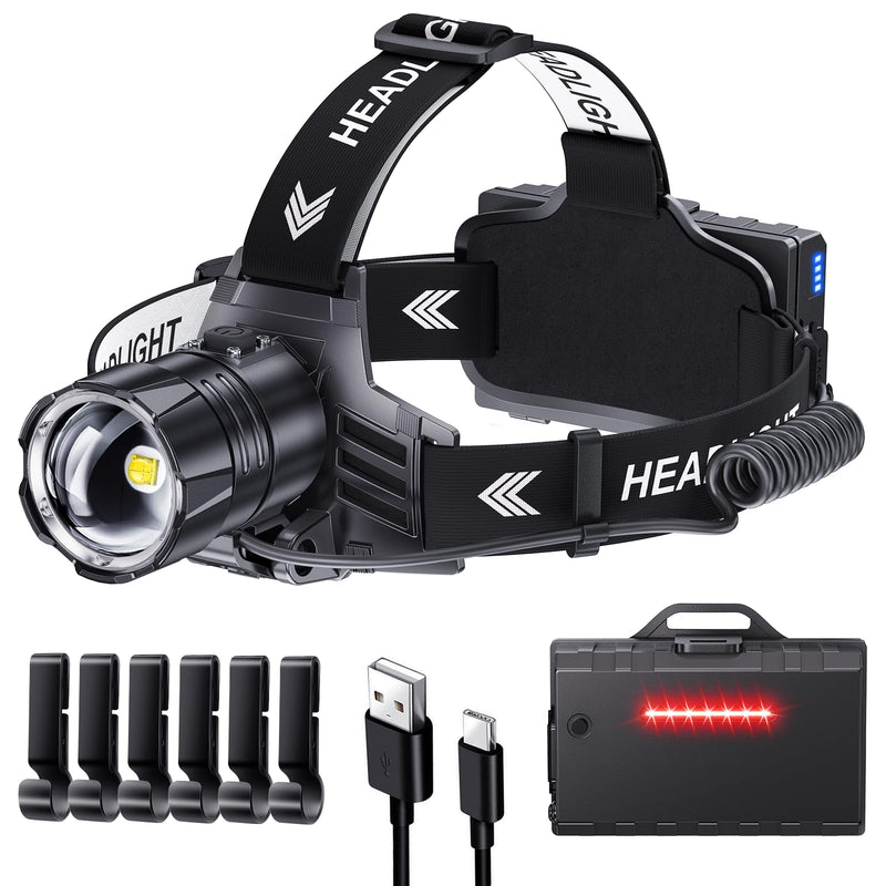 Sinvimes High Lumen LED Rechargeable Headlamp, 95H Long Battery Life Head Lamp with 5 Modes & IPX7 Waterproof & Zoomable, 120° Adjustable Head Light for Adults, Outdoor, Camping, Hardhat