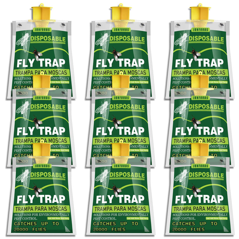 Fly Traps Outdoor Fly Trap Hanging with Natural Pre-Baited, Disposable Non Toxic Fly Catcher, Fly Killer, Fruit Fly Trap Kills Up to 20,000 Flies for Barn, Farm, Stable, Patio - 9 Traps Green-9 - BeesActive Australia