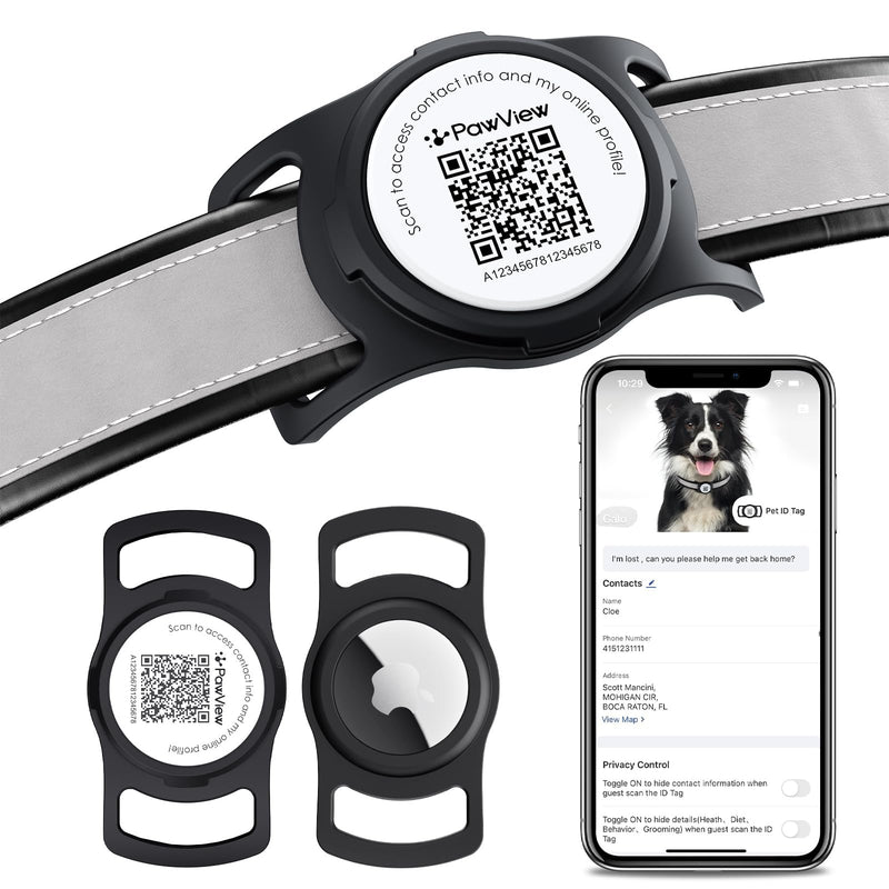 AirTag Dog Collar Holder, Smart QR Code AirTag Holder for Cats and Dogs - Scan Alert | Instant Location | Pet Online Profile | Contacts Info | Pet APP Remote Control (1 Pack, Black) - BeesActive Australia