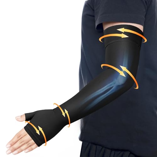 Hiball Lymphedema Medical Compression Arm Sleeve with Gauntlet, 20-30 mmHg Graduated Compression Full Arm Support for Women Men, Long Pressure Arm Hand Brace for Arthritis, Bursitis, Edema, Nerve Pain Black (Single) X-Large