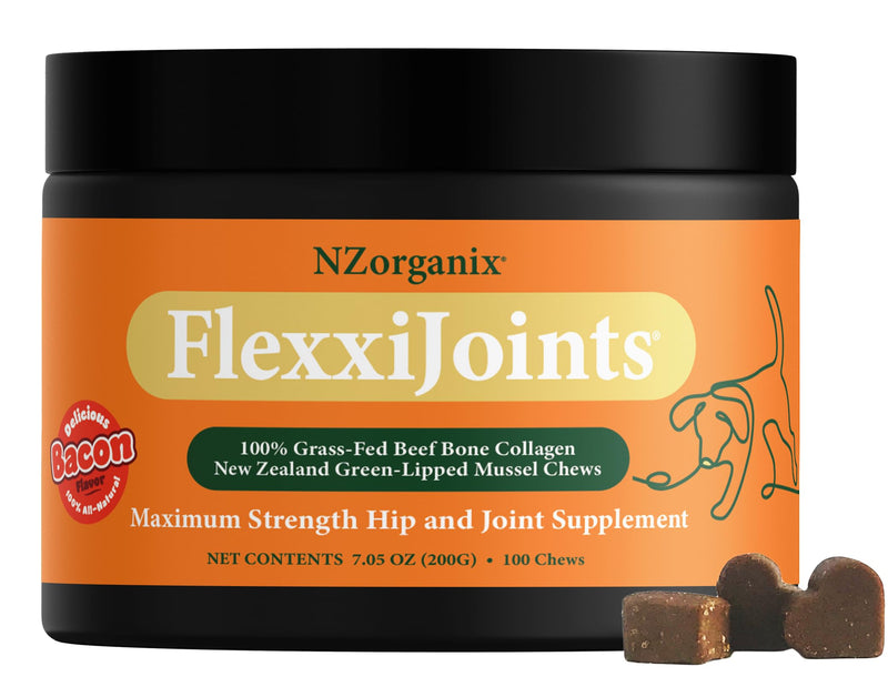 NZorganix FlexxiJoints Hip and Joint Supplement Chews for Dogs, Cats • 100% Grass-Fed Beef Bone Collagen New Zealand Green-Lipped Mussels • 100 Chews