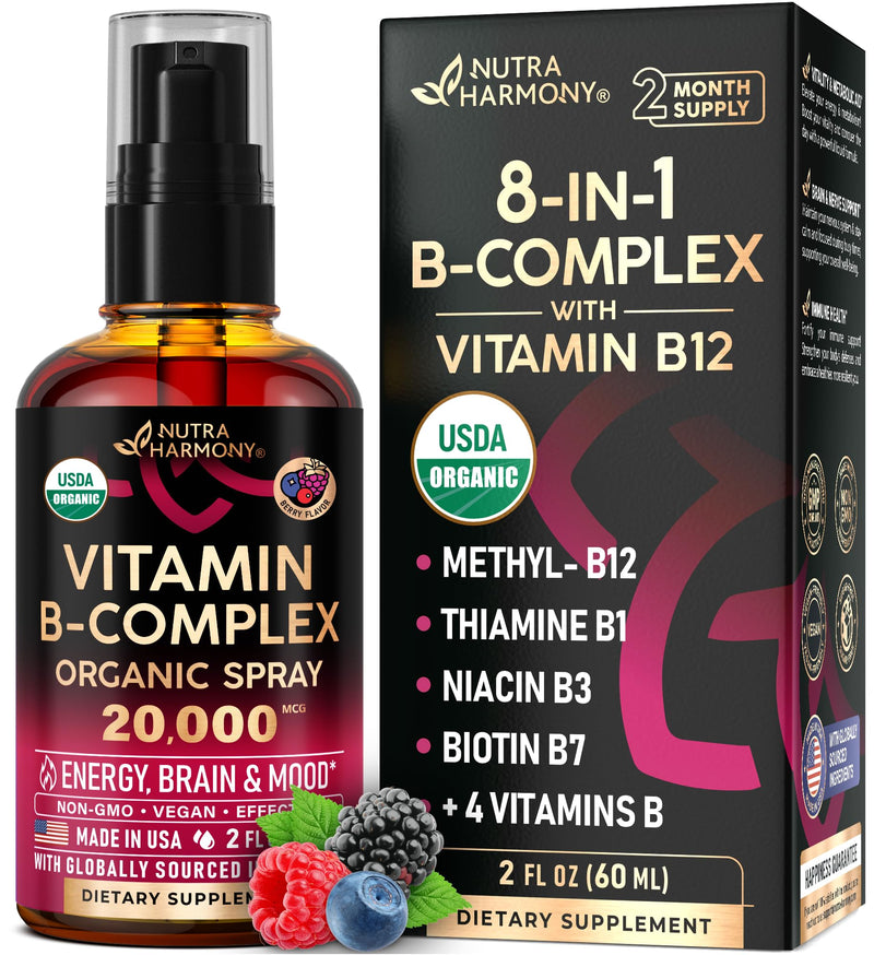 USDA Organic Vitamin B-Complex 20000mcg - B5, B12, B1, B6, B7, B9, B3 - 2Oz | B Complex Liquid Pump - Pantothenic Acid, Methylcobalamin, Thiamine, Pyridoxine, Biotin, Folic, Niacinamide - Berry Flavor