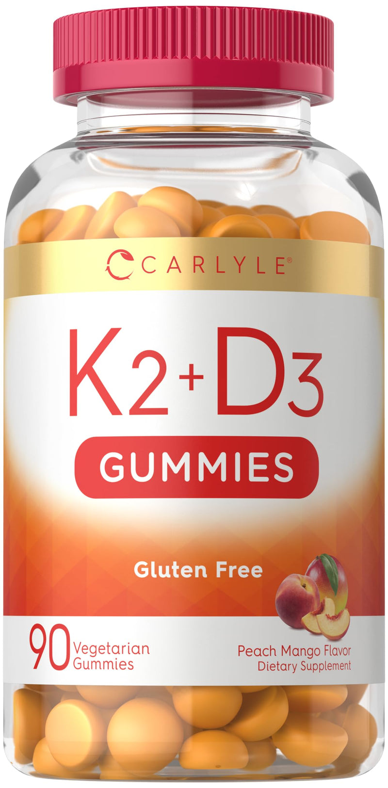 Carlyle Vitamin D3 K2 Gummies | 90 Count | 5,000 IU of D3 + 50 mcg MK7 | Peach Mango Flavor | Vegetarian, Non-GMO, and Gluten Free Supplement 90 Count (Pack of 1)