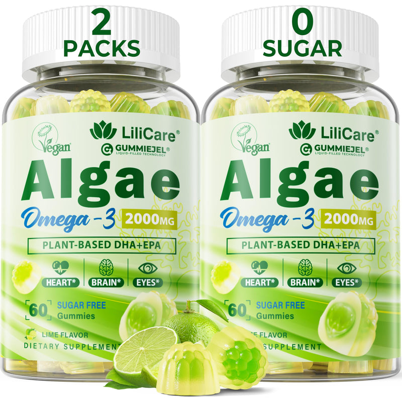 Omega 3 Gummies 2200mg from Algae Oil (DHA 640mg & EPA 290mg) for Women & Men, Vegan Omega 3 Fish Oil Alternative, w/CoQ10, Astaxanthin, Vitamin A, E, D3 for Brain, Eye, Antioxidant,Sugar Free 2Packs 60 Count (Pack of 2)