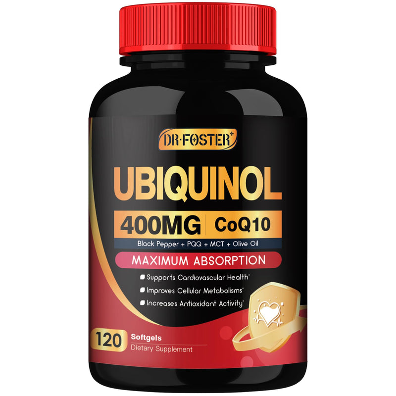 DRFOSTER Ubiquinol CoQ10 400mg Softgels, with PQQ & Vitamin E, 120 Servings | Active Ubiquinol, Coq10 400mg, Black Pepper for Max Absorption, Allergen-Free, Powerful Antioxidant, Brain & Energy Support 120 Count (Pack of 1)
