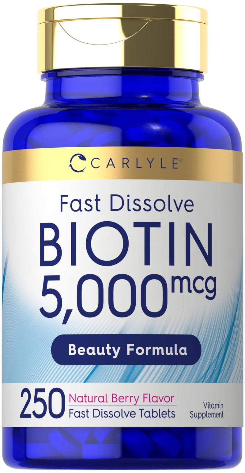 Carlyle Biotin 5000mcg | 250 Fast Dissolve Tablets | for Hair, Skin & Nails | Vegetarian, Non-GMO and Gluten Free Supplement 250 Count (Pack of 1)