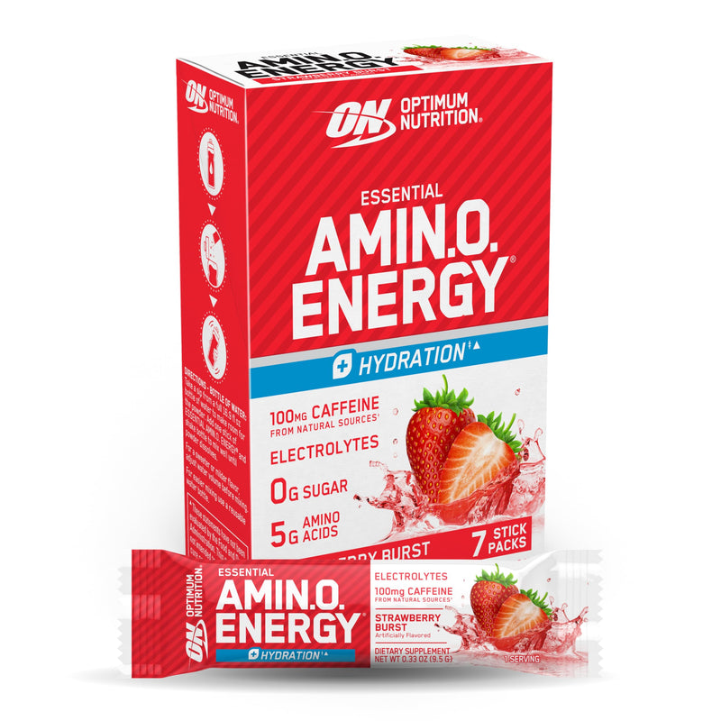Optimum Nutrition Essential Amino Energy Plus Electrolytes Stick Packs, Energy Powder, Strawberry Burst, 7 Count 0.3 Ounce (Pack of 7)