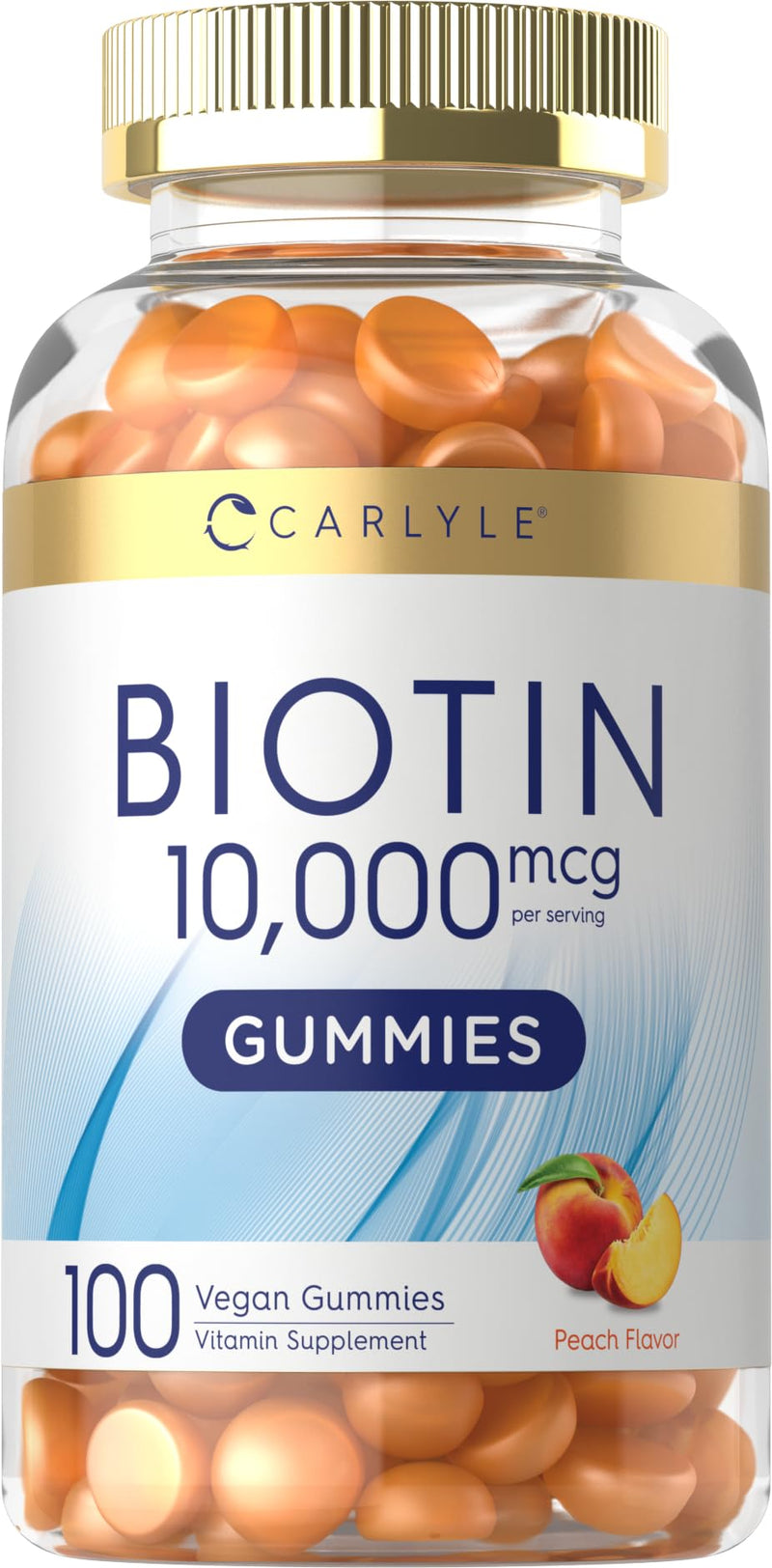 Carlyle Biotin 10000mcg Gummies | 100 Count | Peach Flavor Supplement | Vegan, Non-GMO, Gluten Free 100 Count (Pack of 1)