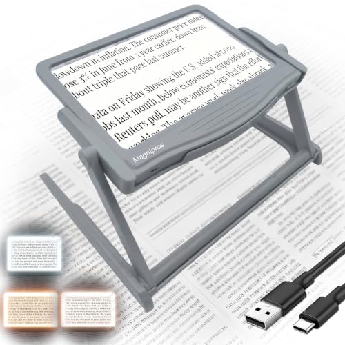 MAGNIPROS 5X LED Page Magnifying Glass, Detachable Stand, 3 Color Modes Gray