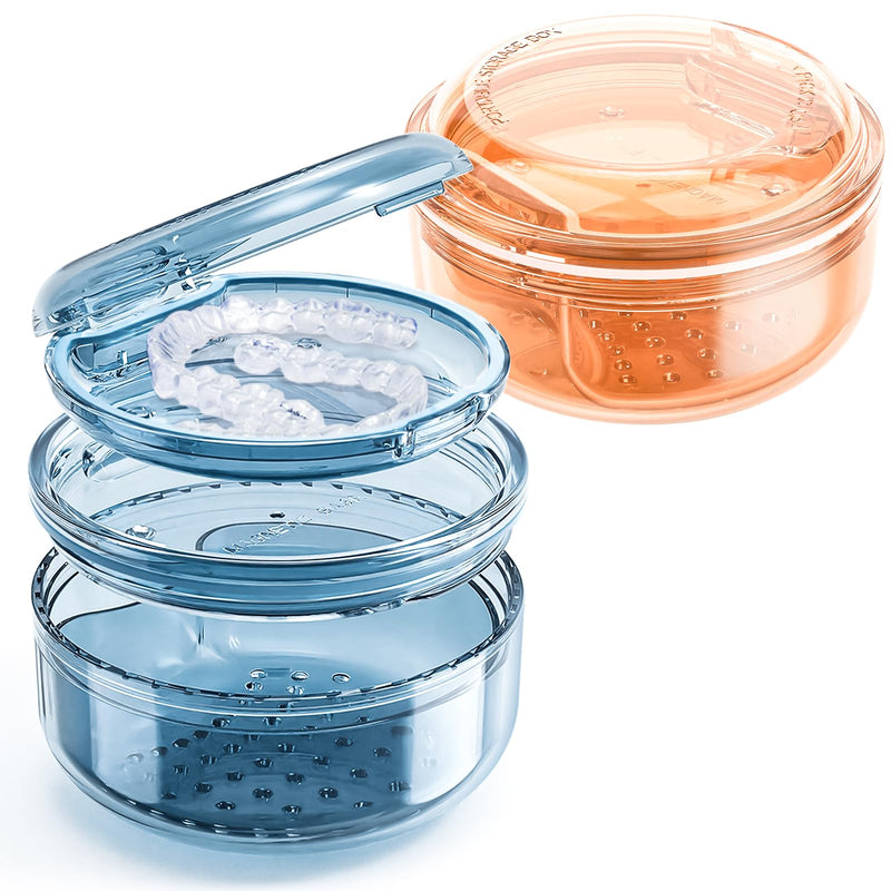 Denture Case, 2PCS Retainer Case with Strainer Basket, 2 in 1 Denture Bath Case No-Leak Retainer Cleaner Case, Retainer Holder for Travel, Mouth Guard Case for Dentures, Clear Braces, Night Guard Blue-Orange - BeesActive Australia