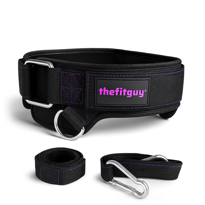 Women’s Weighted Dip Belt – For Pull-Ups, Dips & Squats | Hip-Hugging No-Pinch Fit, No-Slip Buckle | Sleek Black with Purple Stitching, 2 Straps & 2 Hooks Included