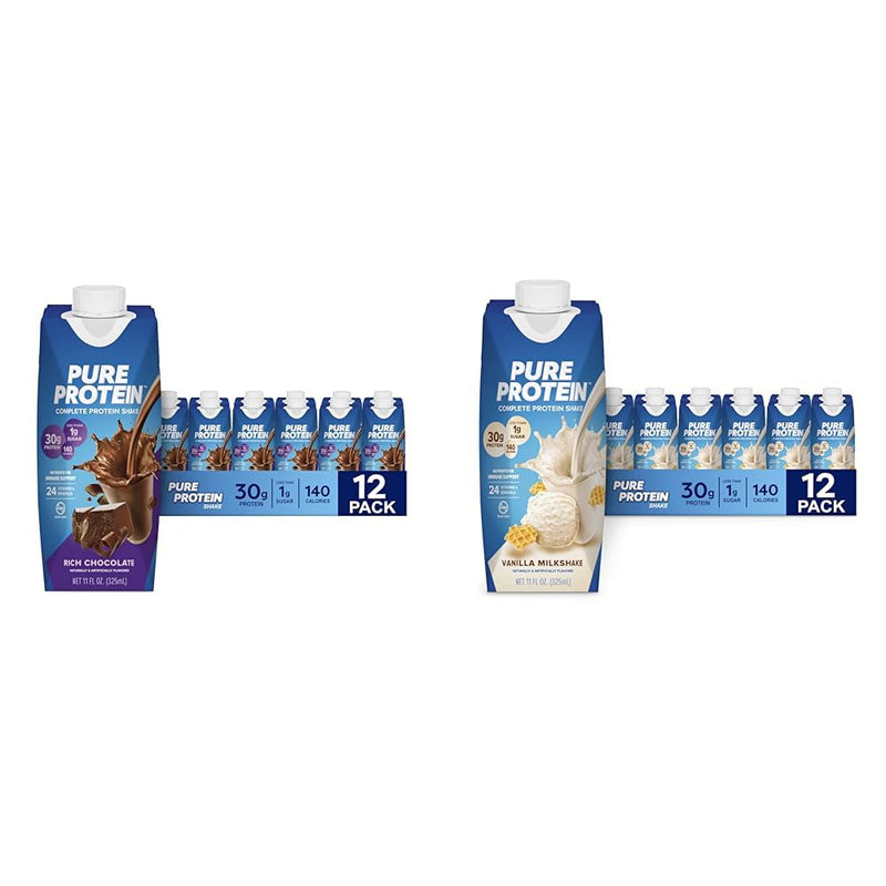 Pure Protein Chocolate and Vanilla Protein Shakes, 30g Protein, 11oz Bottles, 12 Pack Bundle