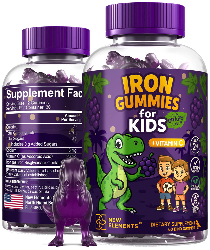 New Elements Iron Dinosaur Gummies for Kids with Vitamin C | Sugar-Free, Vegan, Gluten-Free & Non-GMO | Anemia Relief, Energy & Blood Health Support | Grape Flavor, Pectin-Based for Optimal Health 60 Count (Pack of 1)