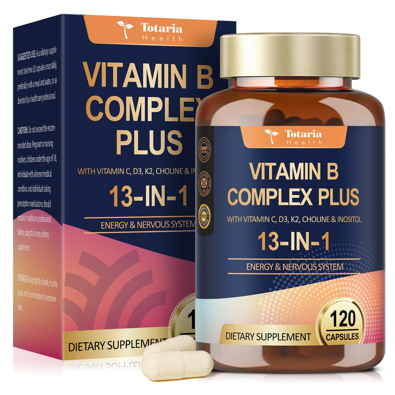 13-in-1 Vitamin B Complex Plus with Vitamin B1, B2, B3 (Niacinamide), B4, B5, B6, B7 (Biotin), B8 (Inositol), B9 (Folate), B12, C, D3, K2 - Energy, Nerve, Immune, Skin Support - 120 Vegan Capsules 1