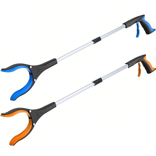 32" Grabber Reacher Tool (2-Pack), Foldable Trash Picker Upper with 360° Rotating Jaw & Magnetic Tip, Heavy Duty Reaching Assist Stick for Seniors, Post Surgery Recovery Must Haves Mobility Aid Blue+orange