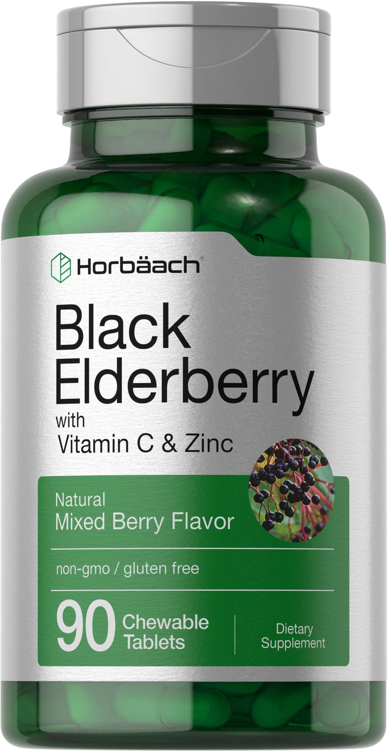 Horbaach Black Elderberry with Vitamin C and Zinc | 90 Chewable Tablets | Mixed Berry Flavor | Immune Support Complex | Vegetarian, Non-GMO, and Gluten Free Supplement 90 Count (Pack of 1)
