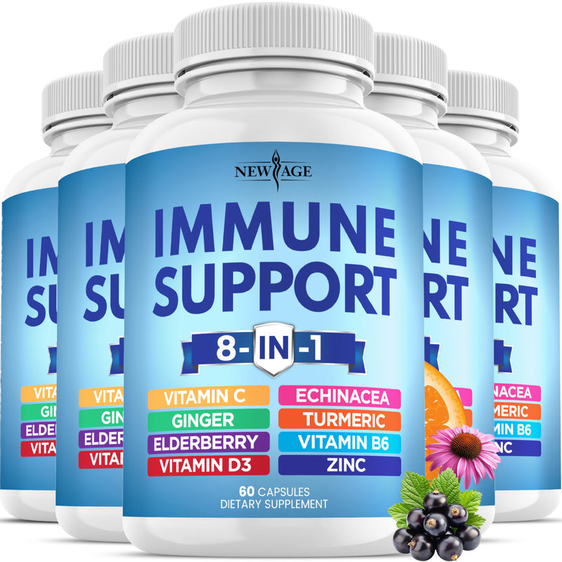 8 in 1 Immune Support Booster Supplement with Echinacea, Vitamin C and Zinc 50mg, Vitamin D 5000 IU, Turmeric Curcumin & Ginger, B6, Elderberry (8 in 1 Capsules (Pack of 5)) 300 Capsules (Pack of 5)