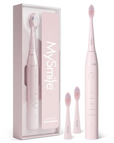 MySmile DY156 Electric Toothbrush for Adults, Rechargeable Sonic Battery Toothbrush Portable with 3 Brush Heads, 2 Mins 5 Modes Smart Timer, 45000VPM, One Charge for 60 Days - Pink