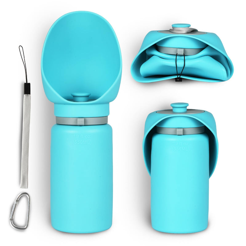 Dog Water Bottle 550ml with Extra-Wide Drinking Cup Foldable Bowl Food Grade Silicone Leak-Proof Extremely Compact for Pet Outdoor Sports Walking Hiking Camping Travel Cyan - BeesActive Australia