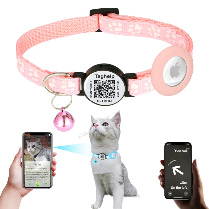 AirTag Cat Collar with Smart id tag, Cat Tracker Collar with Air Tag Holder, Safety Breakaway Buckle and Name Tag, Compatible with Apple Airtag, for Cats, Kittens and Small Dogs (Pink Cute paw Print) collar with airtag holder Pink Cute paw Print - BeesActive Australia