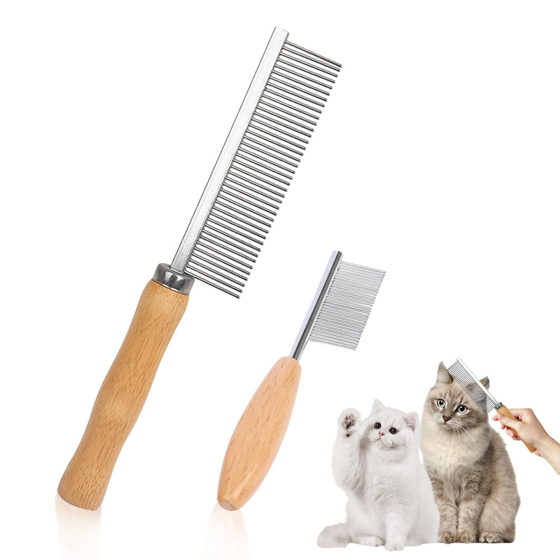 Grooming Comb for Pets 2pcs Solid Wood Cat&Dog Combs Stainless Steel Pin Teeth Wooden Handle for Removing Tangles and Knots Cat Flea Comb for Long Short Hair Fur Brush Tool - BeesActive Australia