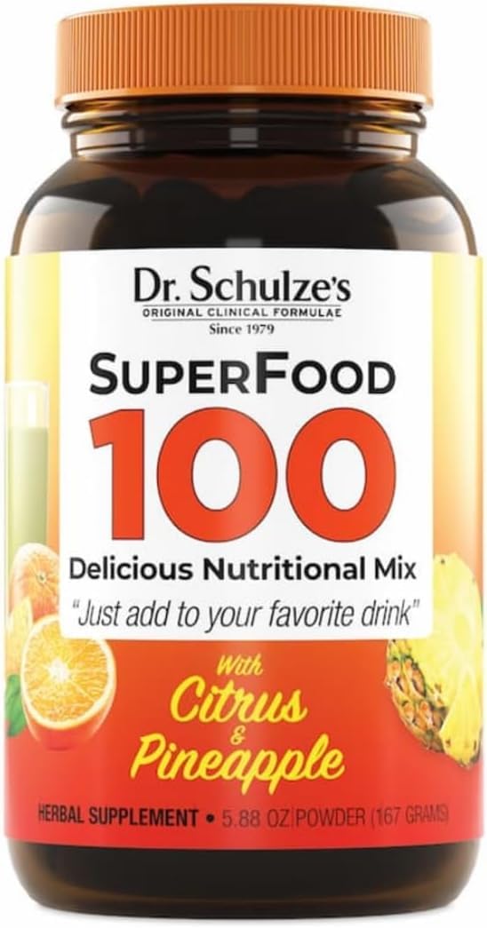 Dr. Schulze's Superfood 100 - Everyday Superfood Supplement to Support Overall Wellness - Multivitamin for Nutrition & Energy - Gluten & Dairy-Free - Citrus Pineapple Flavor Powder - 30 Servings 1 Count (Pack of 1)