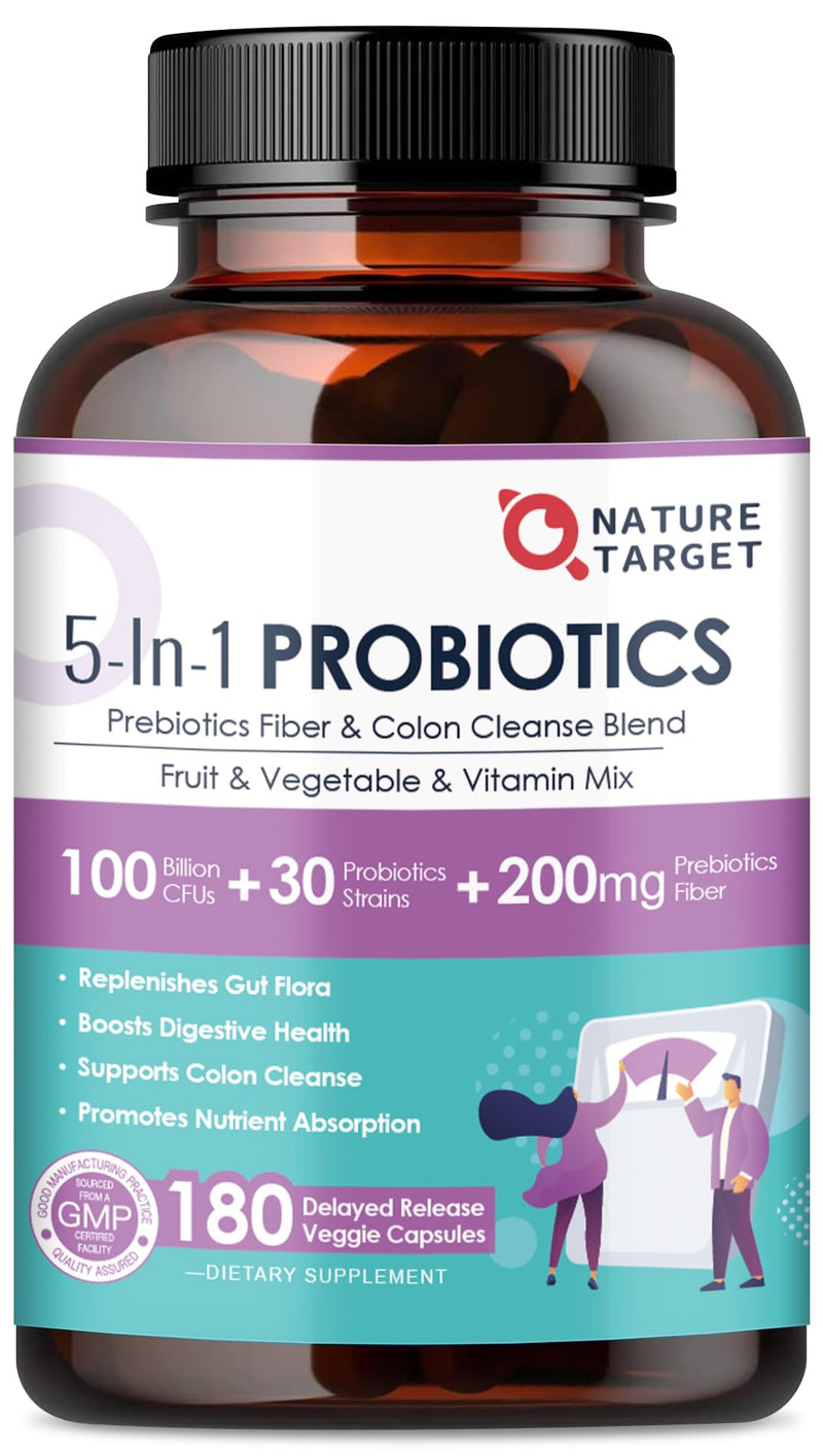 NATURE TARGET Probiotics for Women and Men, 180 Veggie Capsules | Probiotic with Prebiotics, 100 Billion CFUs for Digestive, Gut and Immune Health, 90 Days Supply 180 Count (Pack of 1)