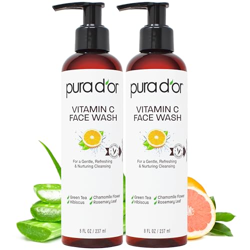 PURA D'OR Vitamin C Face Wash (8oz x2 = 16oz) Antioxidant Rich Facial Cleanser For Radiant Glow & Even Skin Tone - Gentle, Refreshing, Nurturing, Hydrating, Sulfate & Paraben Free Formula Citrus 8 Fl Oz (Pack of 2)