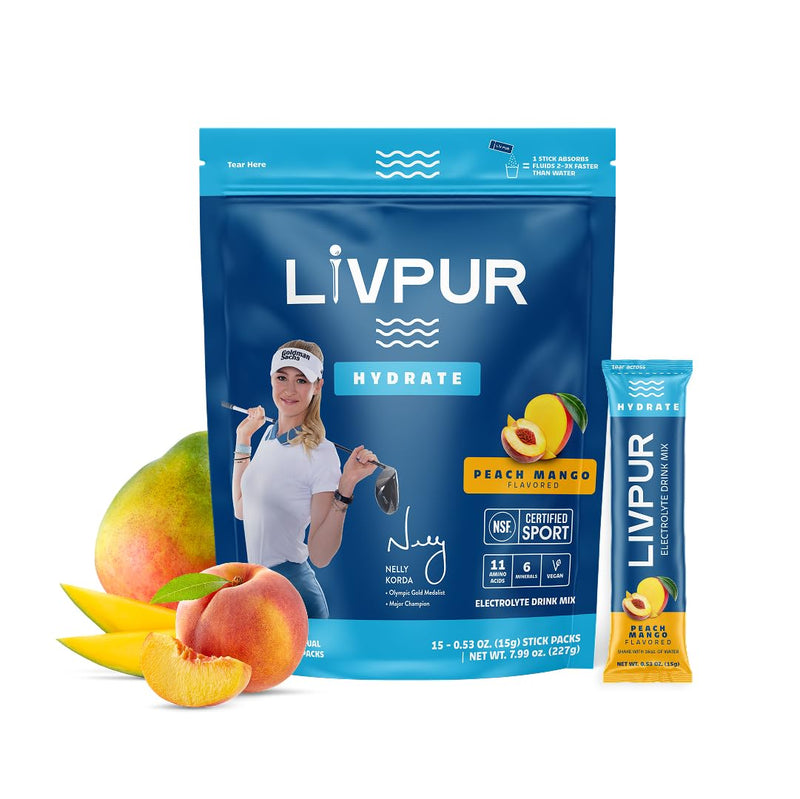 LivPur Electrolyte Drink Mix, Instant Hydration Powder with Vitamin C, B6, B12 & Essential Amino Acids for Muscle Support & Immune Health, Sports Essentials, Peach Mango Flavor, 15 Stick Packs - BeesActive Australia