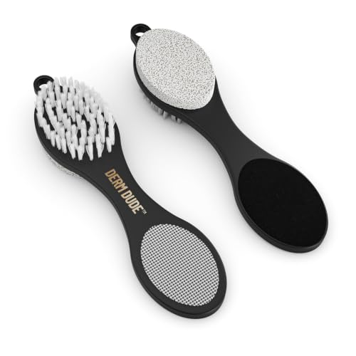 Derm Dude 4-in-1 Foot Scrubber & Heel Repair Tool | Foot File Callus Remover for Feet | Pedicure Tool with Metal File, Pumice Stone, Emery Board & Cleaning Brush to Soften & Smooth Rough, Dry Feet