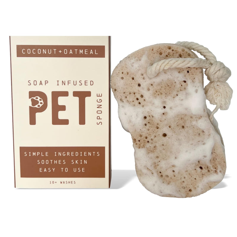 Pet Sponge with Soap-Infused | Coconut Oatmeal Formula for Cats & Dogs | Simple Ingredients & Soothes Skin | 10+ Washes, brown