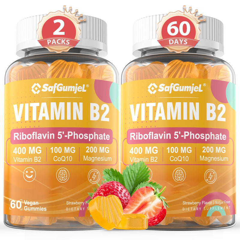 Vitamin B2 Gummies | Riboflavin 400mg with Magnesium & CoQ10 - 120 Cts | Sugar Free B2 Vitamin for Adults and Kids VIT B Supplement | Non GMO, Vegan, Strawberry Flavor 60 Count (Pack of 2)
