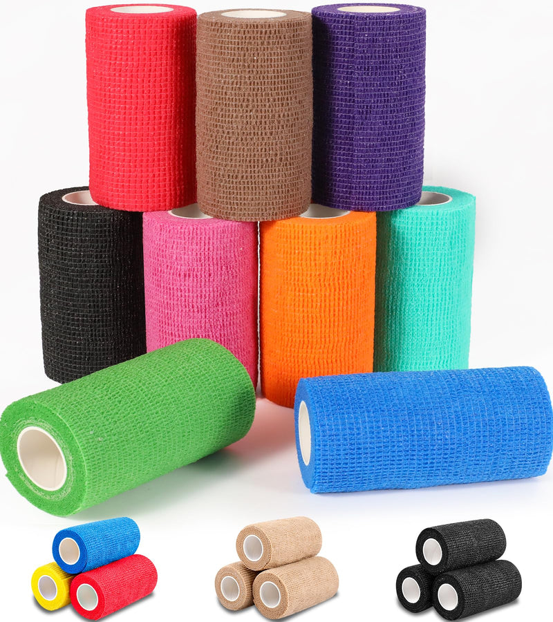 AZEN 9 Pack Self Adhesive Bandage Wrap, 4" X 5 Yards Elastic Cohesive Bandage Wrap, Color Athletic Tape, Tattoo Grip Tape Wrap, Vet Wrap, Ankle Tape A-9color 4 Inch - BeesActive Australia