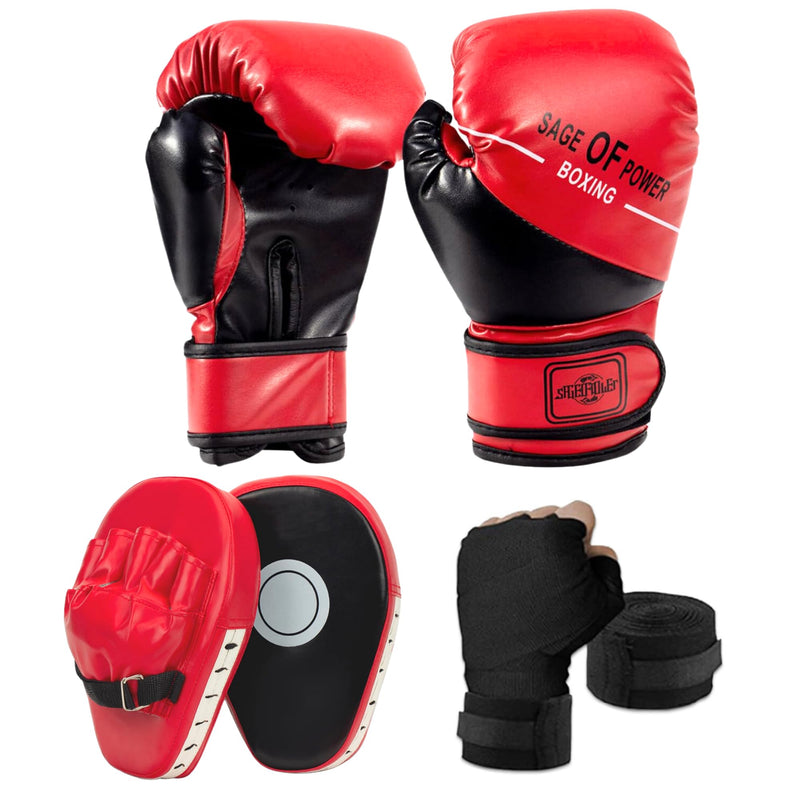 3-in-1 Boxing Gloves and Punching Mitts Set for Kids, Boxing Mitts Focus Pads with Hand Wraps for Kid, Youth Leather Punching Equipment Gloves Set for MMA, Karate, Muay Thai, Taekwondo Red
