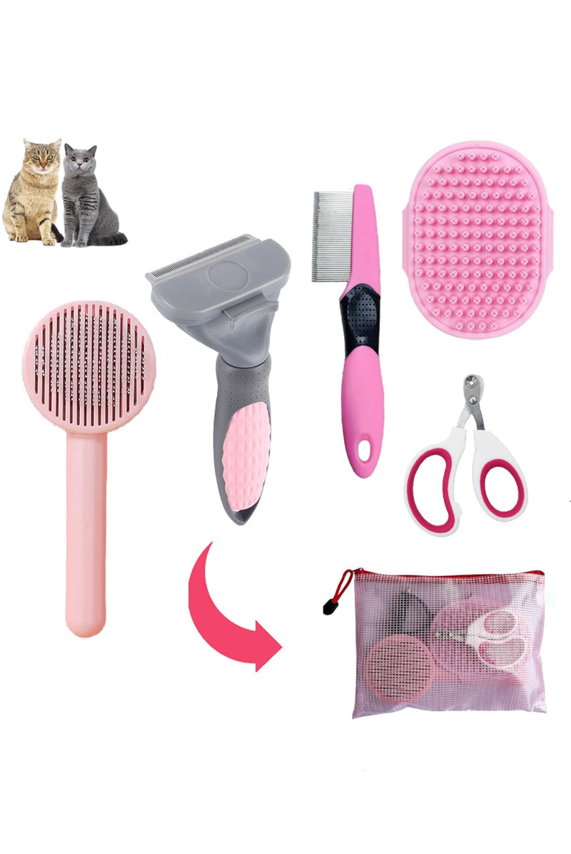 Cat Brush Shedding Kit 5pcs - Cat Brush for Shedding for Long Haired Cats, Cat Brushes for indoor Cats, Dog Brush Kit for Small Dogs, Cat Brush for Matted Fur Hair with Flea Comb Set Pink - BeesActive Australia