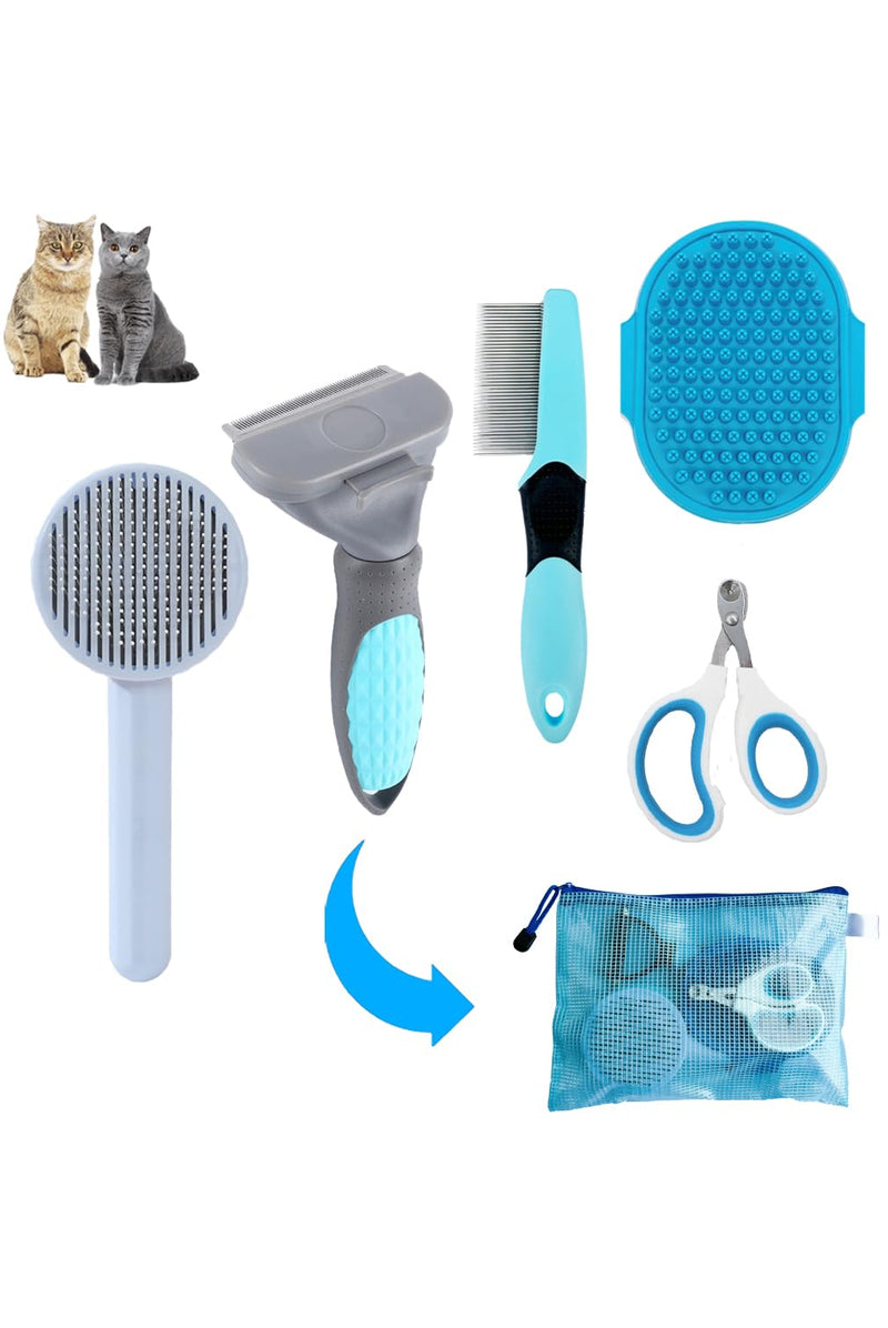 Cat Brush Shedding Brush Kit 5pcs - Cat Brush for Grooming for Long Haired Cats, Cat Brushes for indoor Cats, Dog Brush Kit for Small Dogs, Cat Brush for Matted Fur Hair with Flea Comb Set Blue - BeesActive Australia
