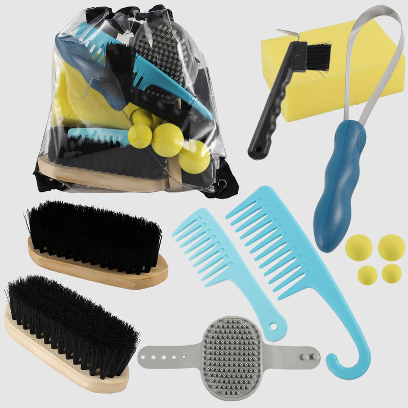 11PIC horse grooming kit,Horse cleaning set,Large and Small Curry Comb, Massage Brush, Soft and Hard Brush, Hoof Pick, Sweat Scraper, Bathing Sponge, Horse Ear Plugs, Folding Storage Bucket - BeesActive Australia