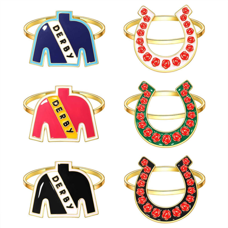 6PCS Kentucky Derby Napkin Rings Set Derby Horseshoe Napkin Ring Enamel Race Horse Riding Suit Napkin Holder Rings for Table Decor Horse Race Day Derby Party Table Place Settings Decorations 6PCS E