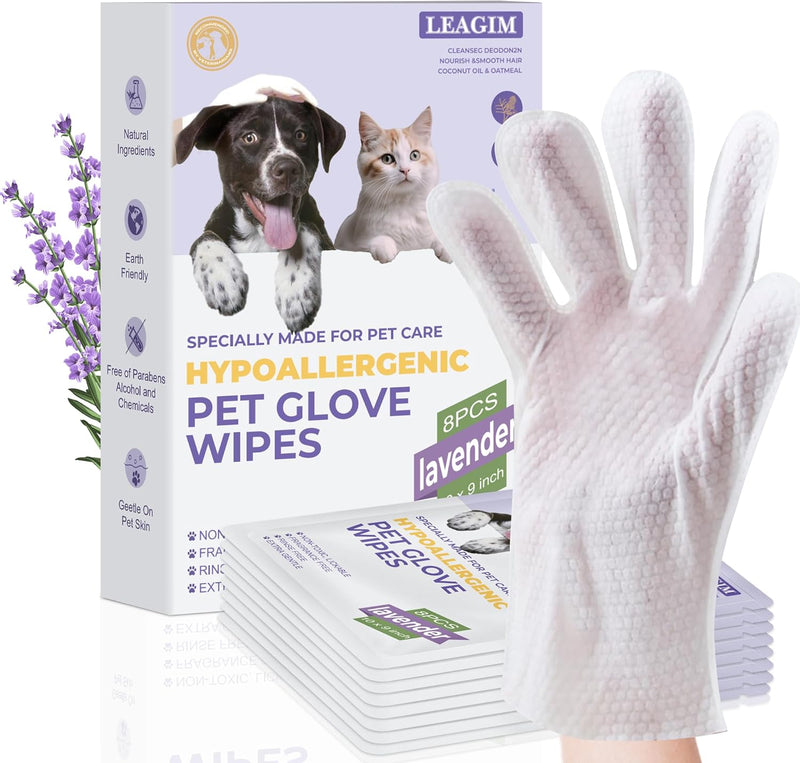 Pet Cleaning Glove Bathing Wipes for Dogs and Cats, Hypoallergenic Deodorizing No-Rinse Grooming Wipes for Paws, Body, and Butt, Perfect for Cat Dry Cleaning, Daily Care and Travel, Lavender, 8 Pcs - BeesActive Australia