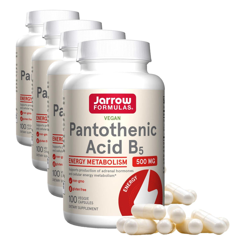 Jarrow Formulas Pantothenic Acid B5 500 mg - 100 Veggie Caps - Essential B Vitamin Dietary Supplement - Energy Production & Metabolism Support - 100 Servings (Pack of 4) 100 Count (Pack of 4)