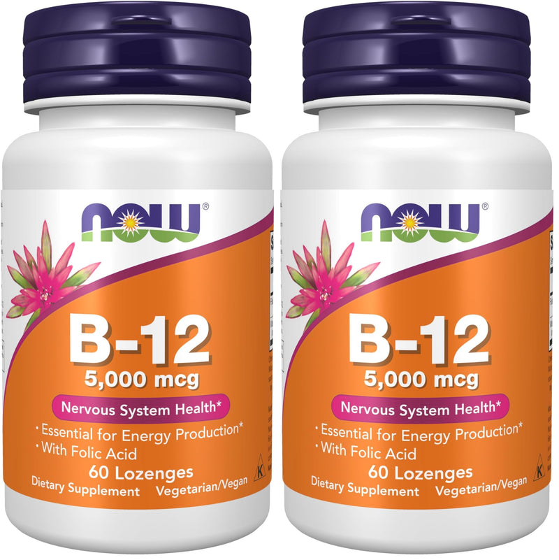 NOW Supplements, Vitamin B-12 5,000 mcg, with Folic Acid, Nervous System Health*, 60 Lozenges (Pack of 2) Unflavored 60 Count (Pack of 2)