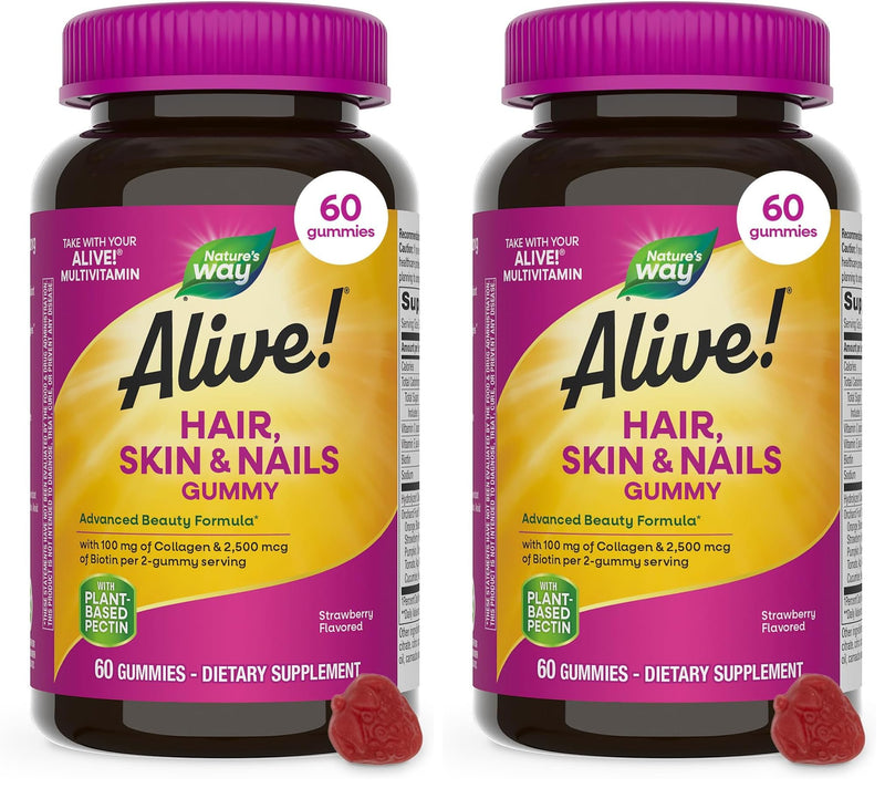 Nature's Way Alive! Hair, Skin & Nails Gummies, Advanced Beauty Formula*, with Biotin and Collagen, Strawberry Flavored, 60 Gummies (Packaging May Vary) (Pack of 2) 60 Count (Pack of 2)