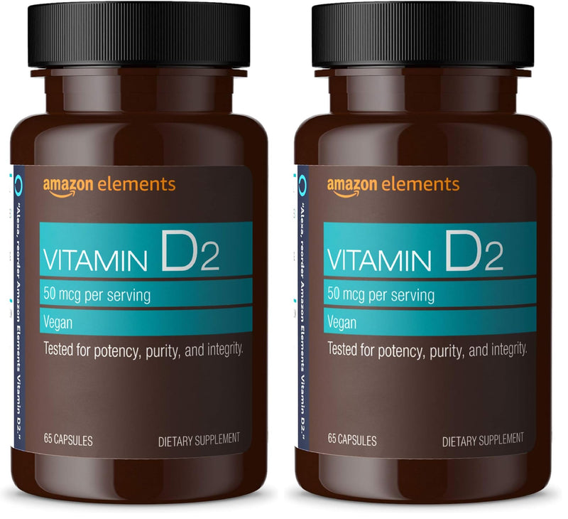 Amazon Elements Vitamin D2 2000 IU, Vegan, Supports Strong Bones and Immune Health, 2 Month Supply (Packaging May Vary), 65 Capsules (Pack of 2) 65 Count (Pack of 2)
