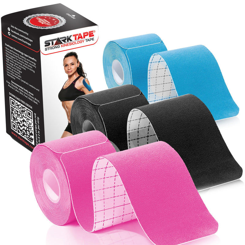 Kinesiology Tape Athletic Pro Sports - 3 Rolls, 60 Precut Strips, Latex-Free, for Muscle Support, Ankles, Wrists, Knees, Running, Tennis, Swimming. Stays Secure for Several Days Black / Blue / Pink Precut