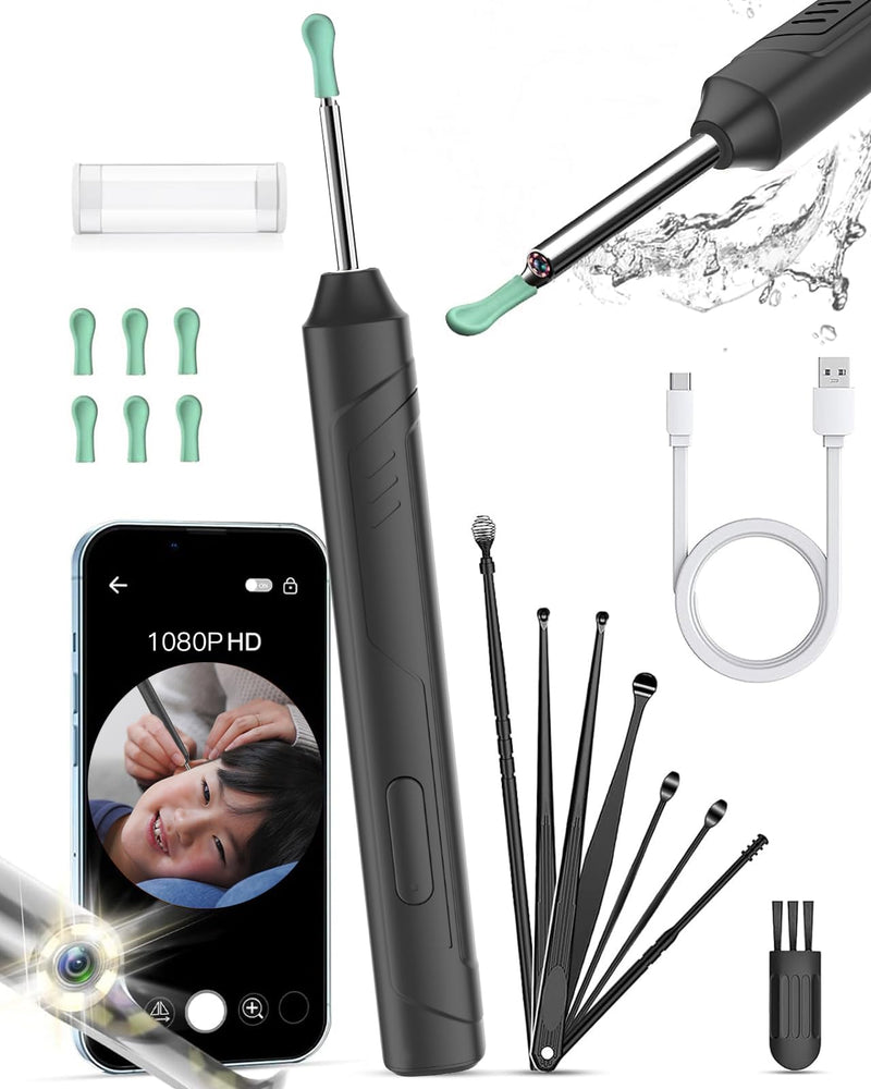 Ear Wax Removal, 1080P FHD Wireless Otoscope Earwax Removal Tool, WiFi Ear Endoscope with LED Lights, 3mm Mini Visual Ear Inspection Camera Silicone Ear Pick for Adults Kids Pets (Black) - BeesActive Australia
